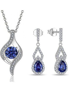 Sapphire Blue Jewelry Set for Women - Silver Tone Necklace & Dangle Earrings